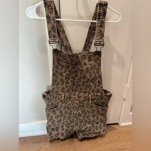 Blank NYC Leopard Print Denim Short Overalls in Brown